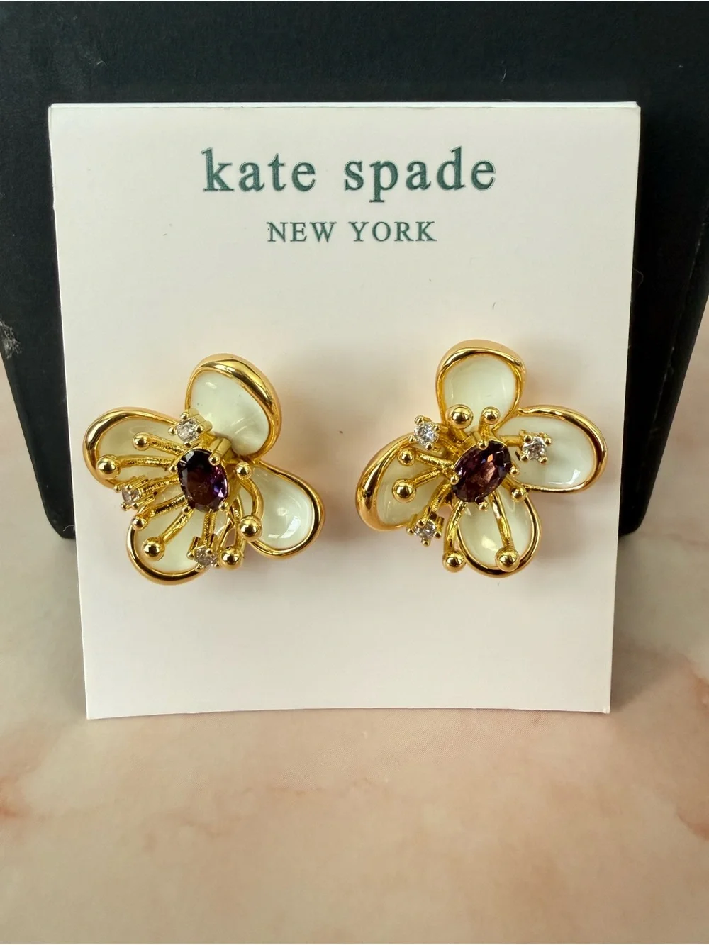 kate spade | Gold Plated & Ivory Floral Studs with Purple Stone Center